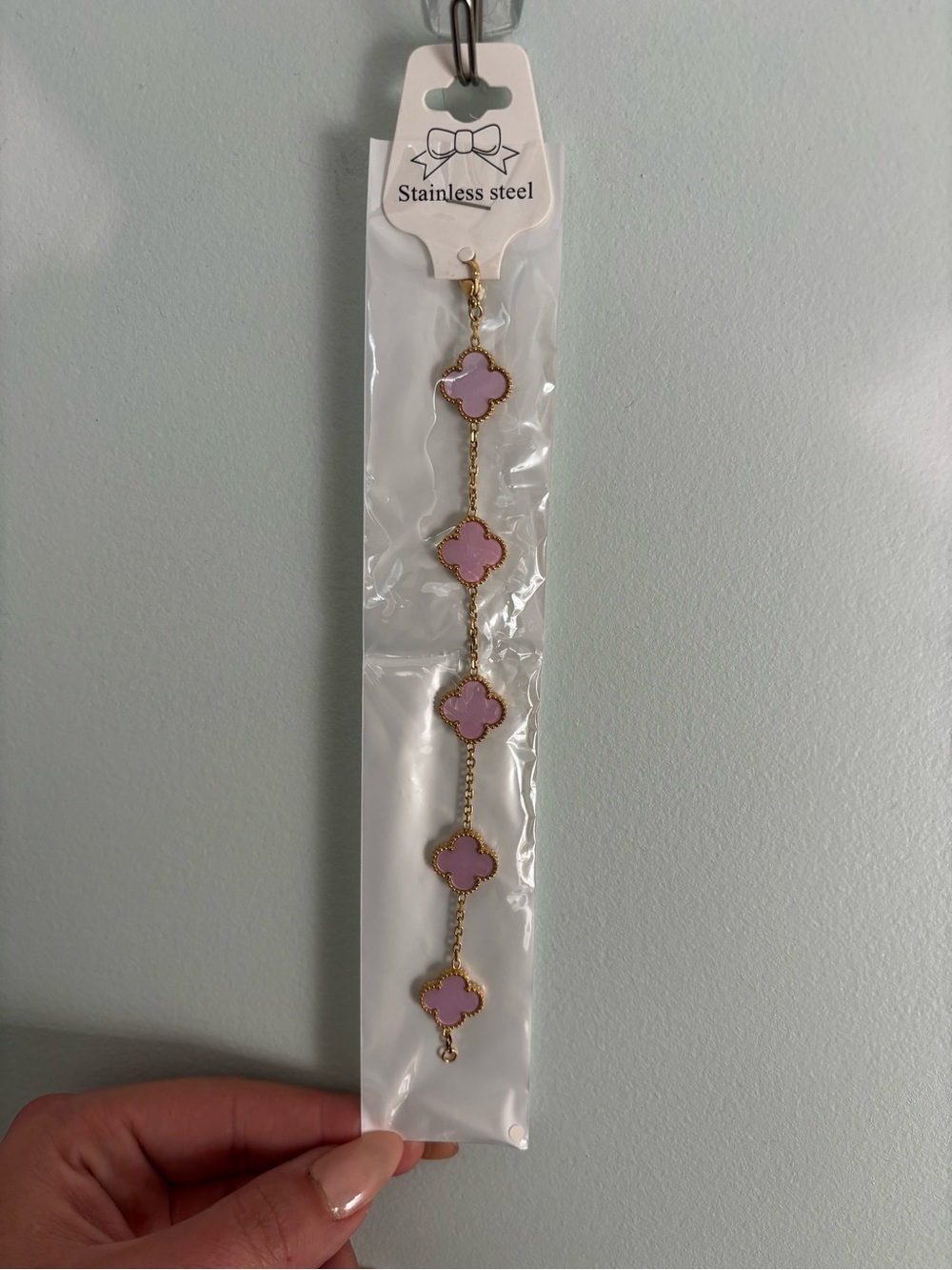 NWT Gold Tone Stainless Steel Pink Clover Bracelet